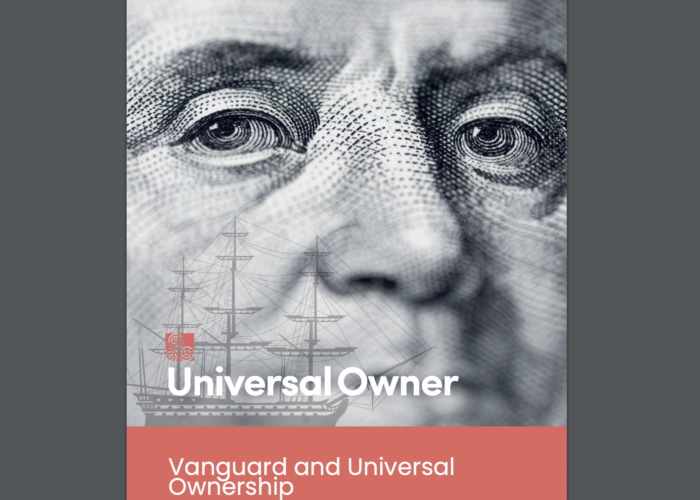 A close-up black and white photo of a man's face evoking the dollar bill. A ship illustration sits on top of a pink banner at the bottom. White text reads Vanguard and Universal Ownership with the Universal Owner logo above