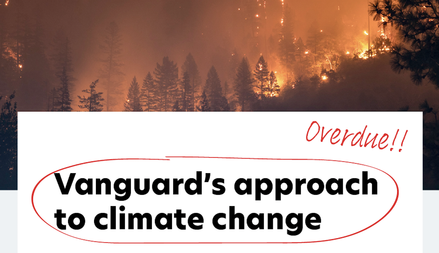 A screenshot of the top of Vanguard website. The title "Vanguard's approach to climate change" has been circled in red with "Overdue!!" written above in red. The image around the title at the top has been replaced with a forest on fire.