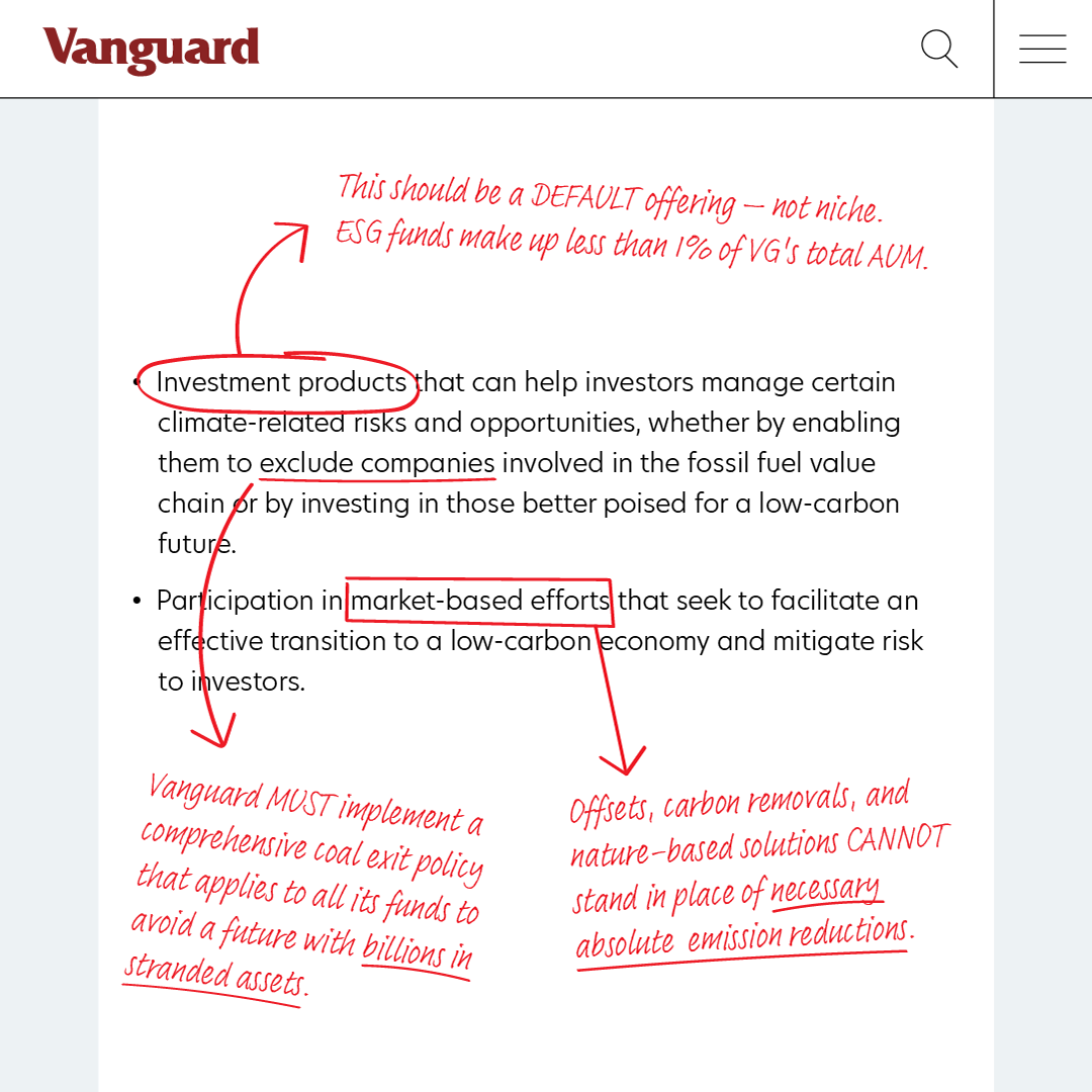 A screenshot of Vanguard's post on climate change with added red edits. The original text reads: "Investment products that can help investors manage certain climate-related risks and opportunities, whether by enabling them to exclude companies involved in the fossil fuel value chain or by investing in those better poised for a low-carbon future. Participation in market-based efforts that seek to facilitate an effective transition to a low-carbon economy and mitigate risk to investors." "Investment produces is circled and an arrow points to the comment "This should be a DEFAULT offering — not niche. ESG funds make up less than 1% of VG's total AUM." "Exclude companies" is underlines and a arrow points to the comment: "Vanguard MUST implement a comprehensive coal exit policy that applies to all its funds to avoid a future with [underlined] billions is stranded assets." The last edit boxes "market-based efforts" and the comment reads: "offsets, carbon removals, and nature-based solutions CANNOT stand in place of [underlined:] necessary absolute emission reductions."