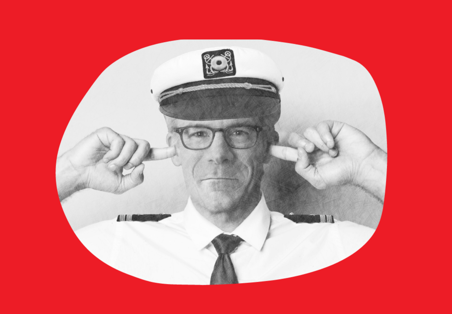 An illustrated black and white photo of Vanguard CEO Tim Buckley wearing a captain's hat with his fingers in his ears overlaid on a bright red background