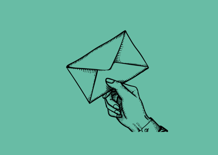 A green square image with a black outline sketch of a hand holding a letter