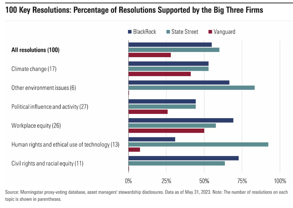 A morningstar-produced chart showing 100 key resolutions and the percentage of resolutions supported by the big three firms: Vanguard, BlackRock, and State Street